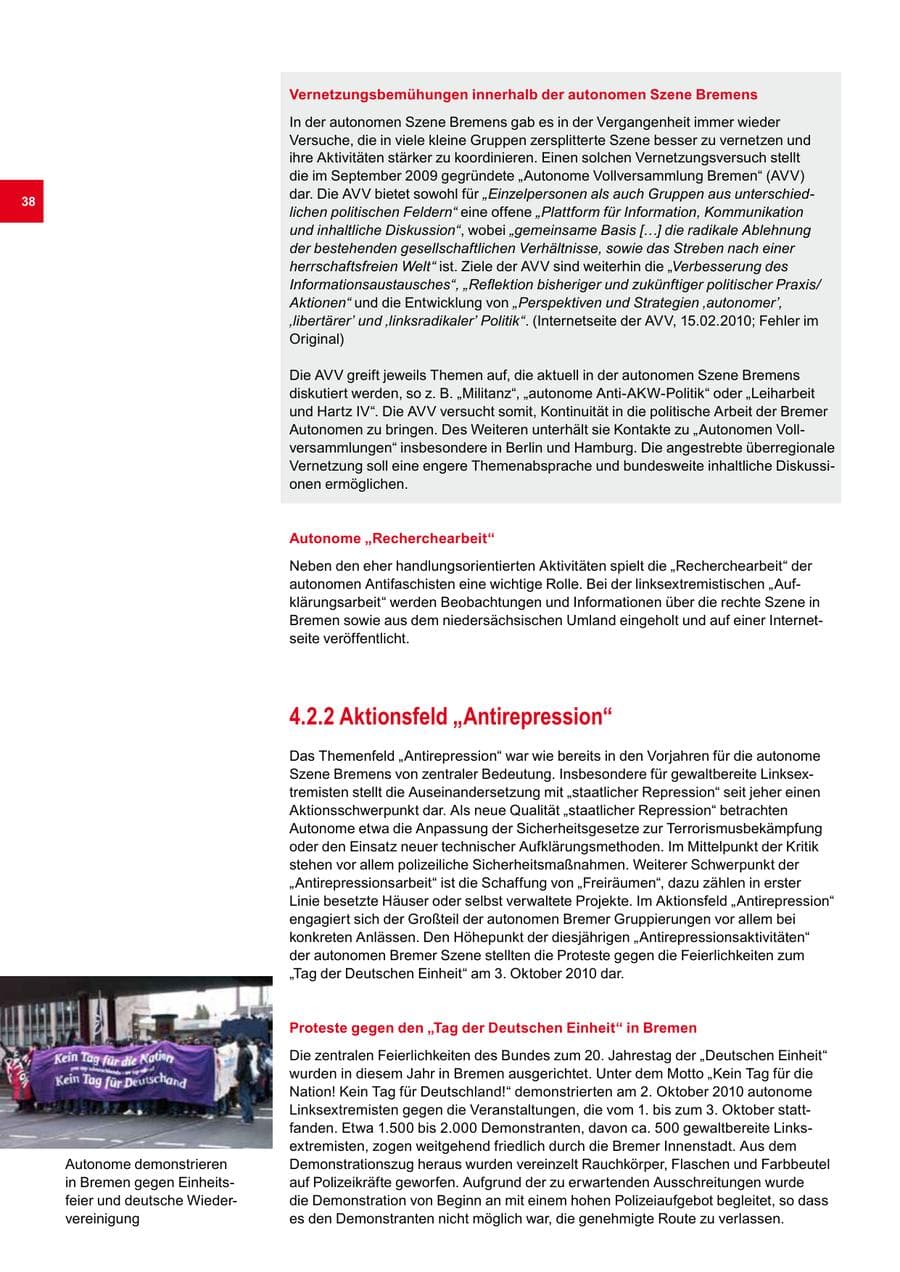 Seite 38 des Verfassungsschutzbericht 2010 Bremen