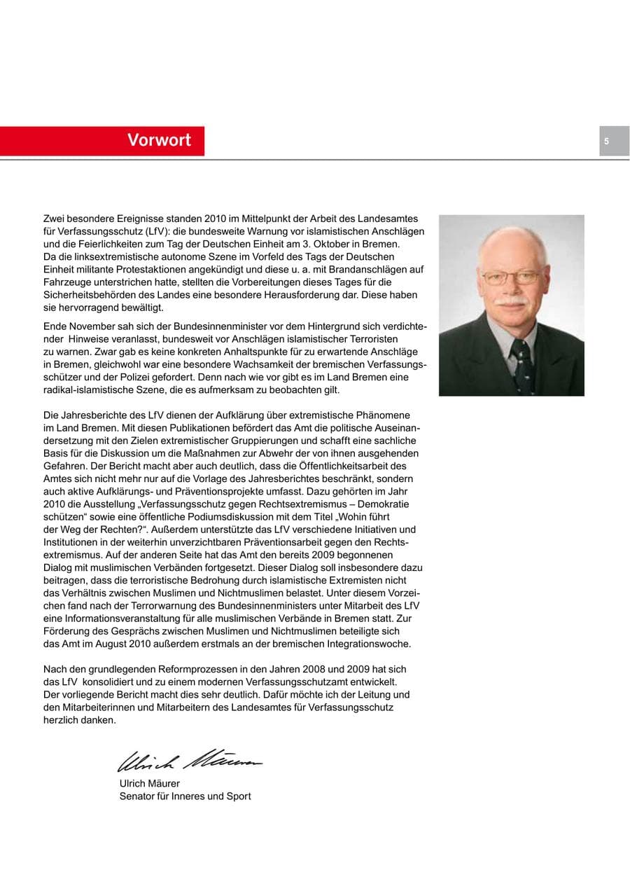 Seite 5 des Verfassungsschutzbericht 2010 Bremen