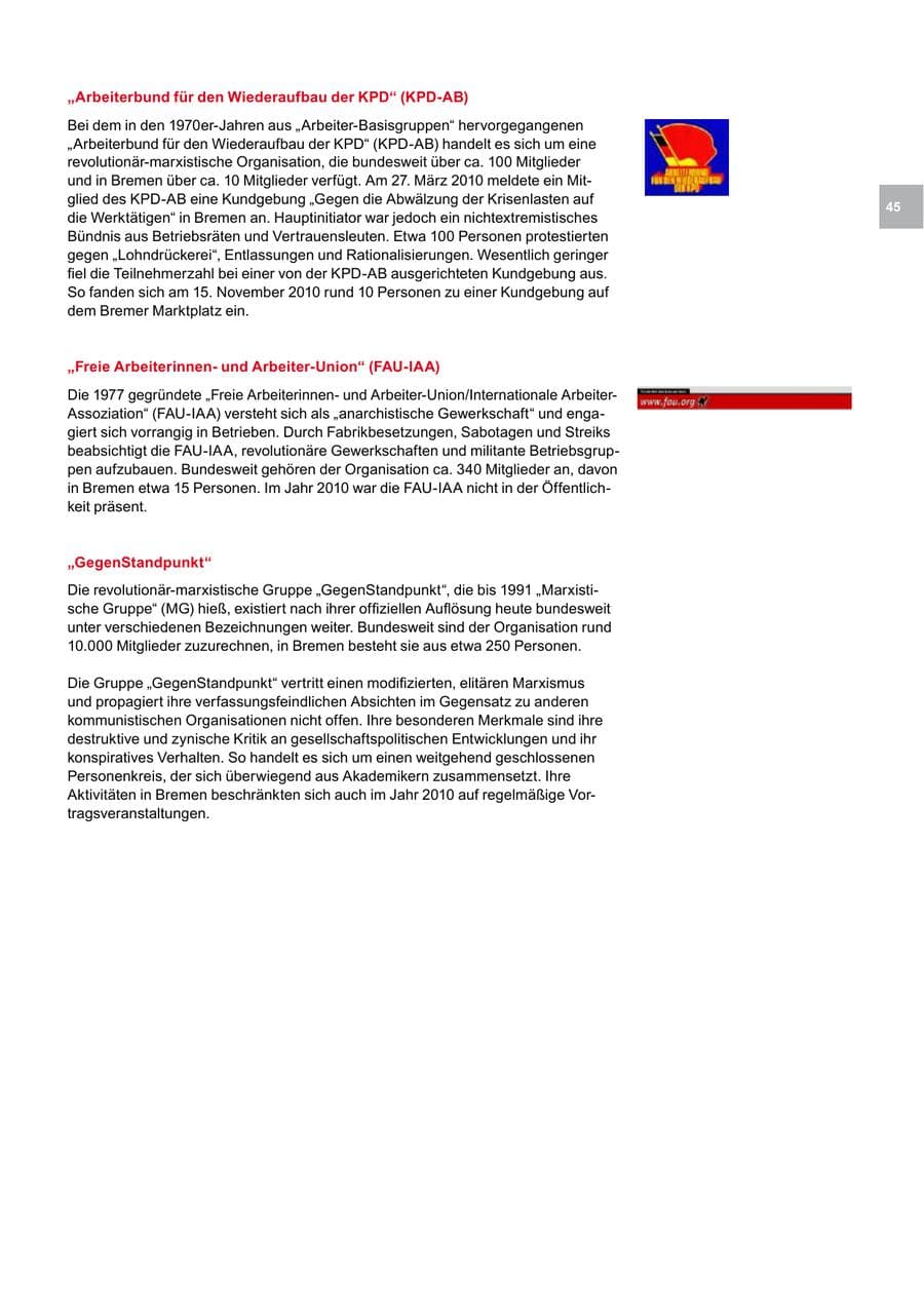 Seite 45 des Verfassungsschutzbericht 2010 Bremen