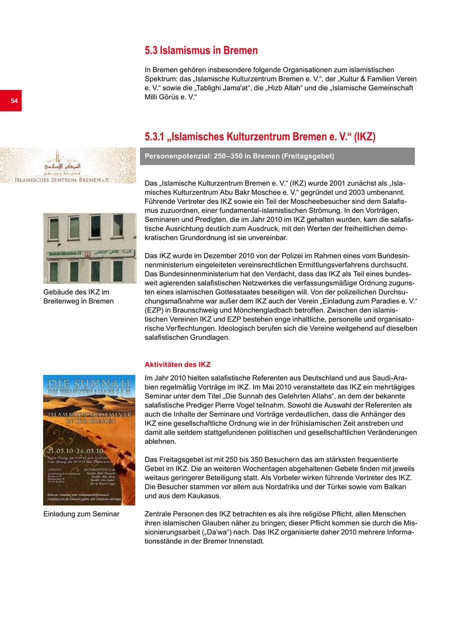 Seite 54 des Verfassungsschutzbericht 2010 Bremen