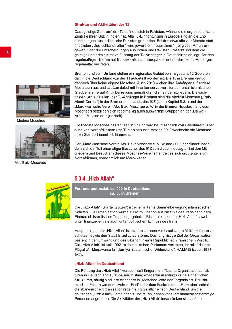 Seite 58 des Verfassungsschutzbericht 2010 Bremen