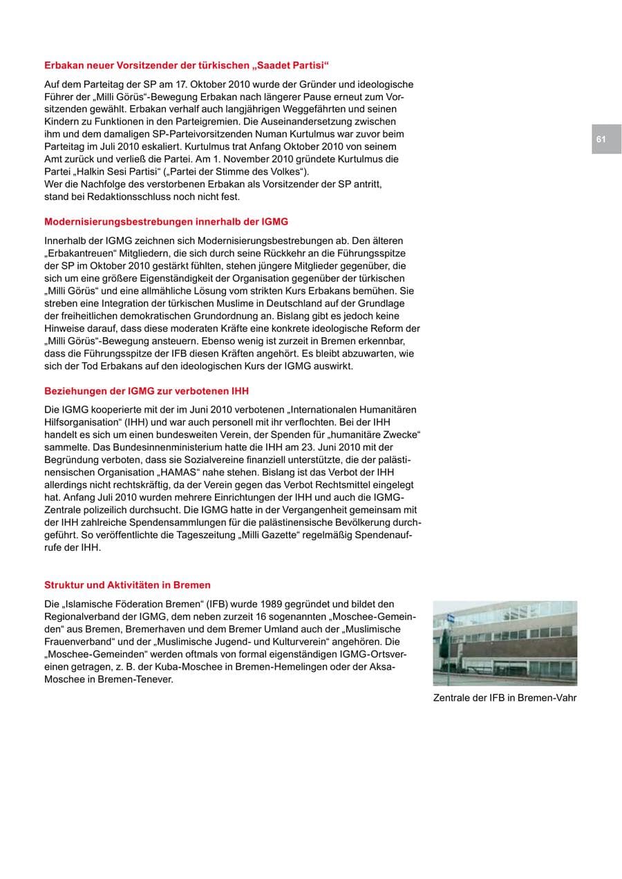 Seite 61 des Verfassungsschutzbericht 2010 Bremen