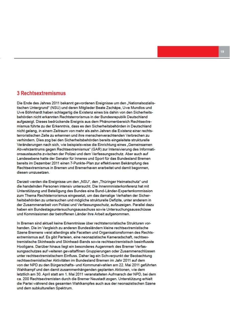 Seite 19 des Verfassungsschutzbericht 2011 Bremen