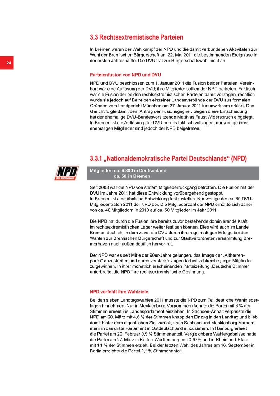 Seite 24 des Verfassungsschutzbericht 2011 Bremen
