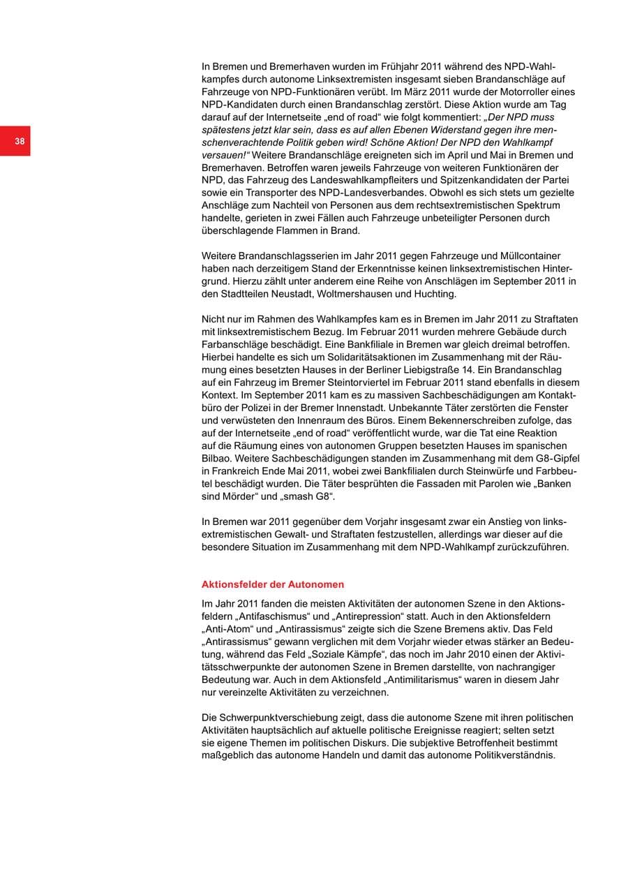 Seite 38 des Verfassungsschutzbericht 2011 Bremen