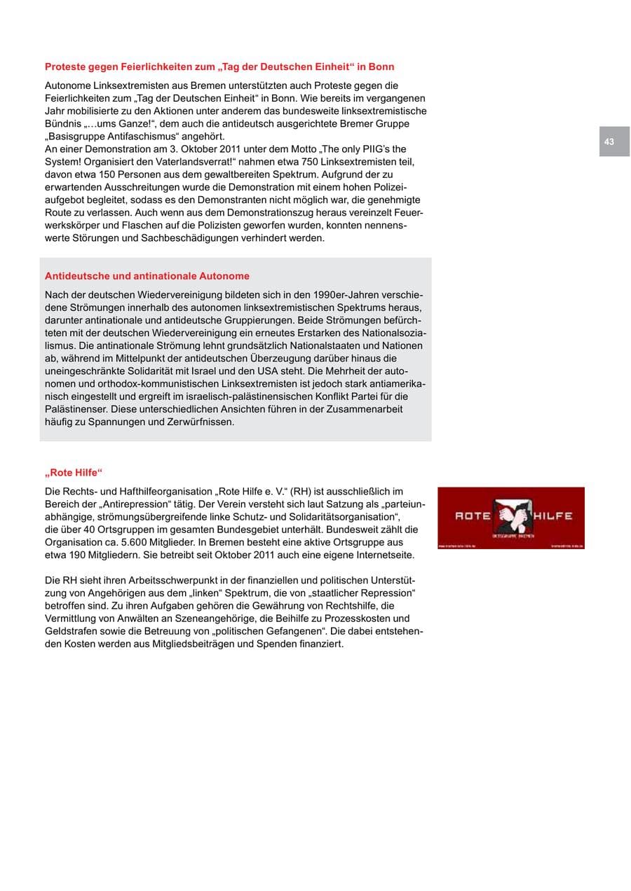 Seite 43 des Verfassungsschutzbericht 2011 Bremen