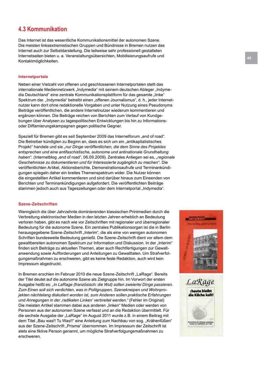 Seite 45 des Verfassungsschutzbericht 2011 Bremen