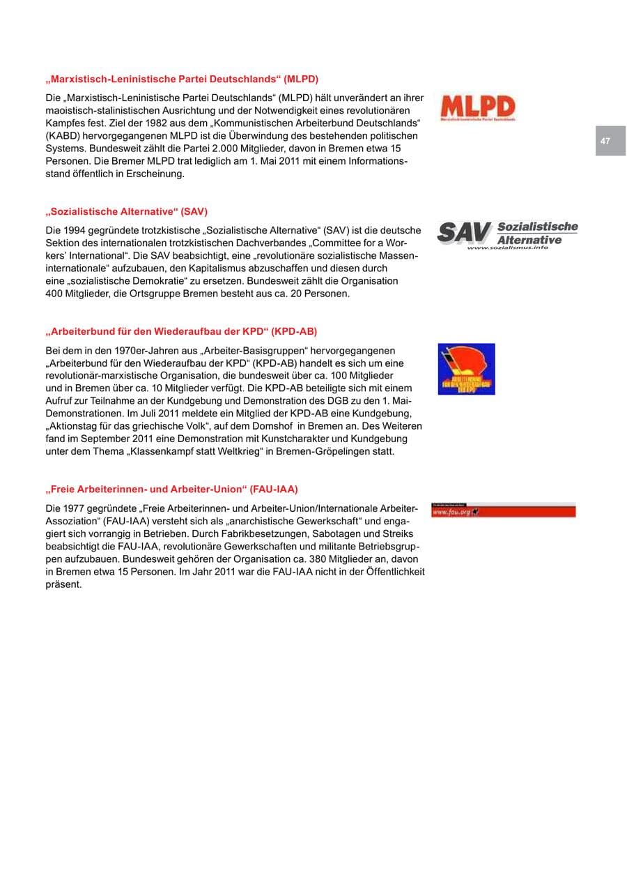 Seite 47 des Verfassungsschutzbericht 2011 Bremen
