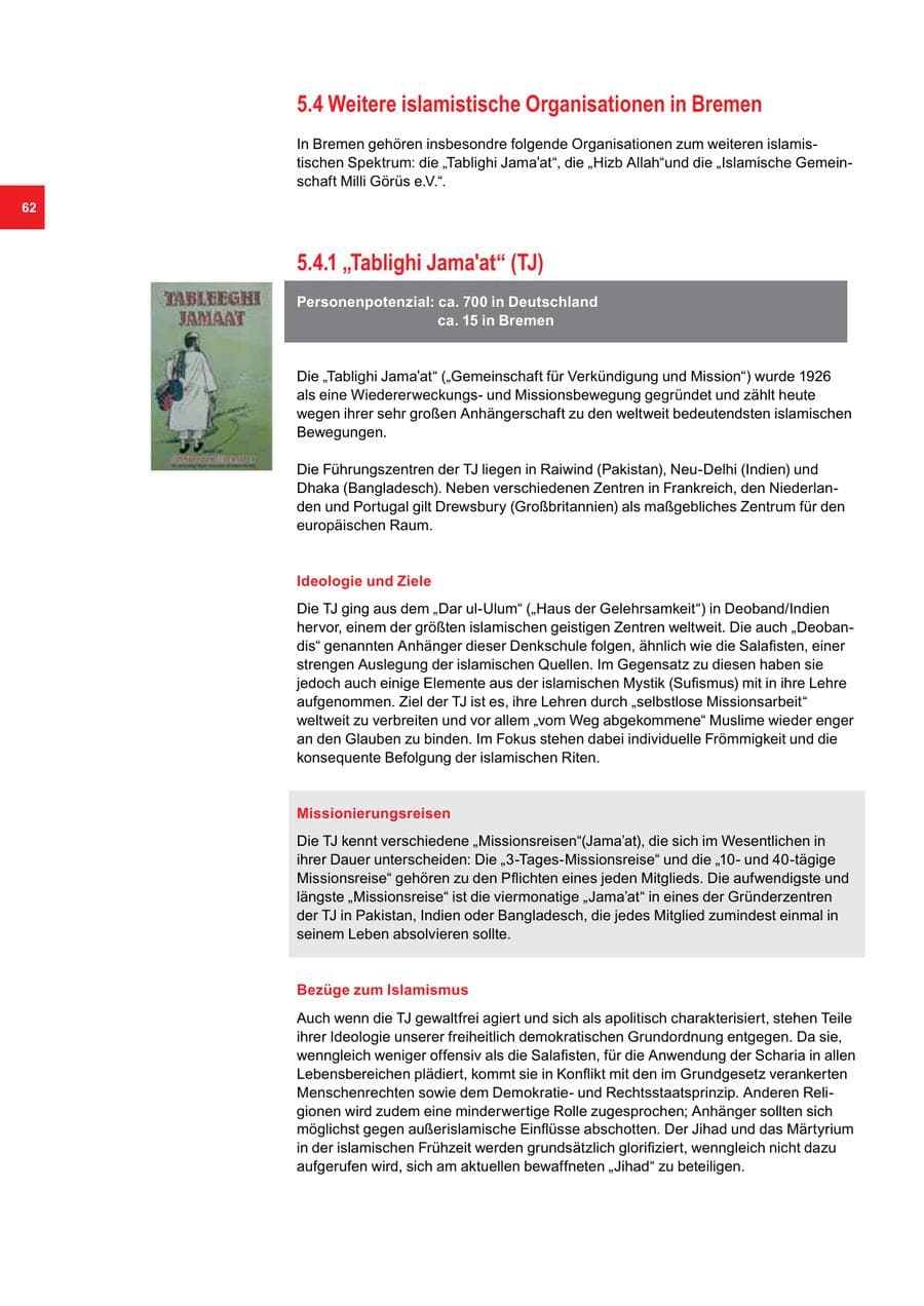 Seite 62 des Verfassungsschutzbericht 2011 Bremen
