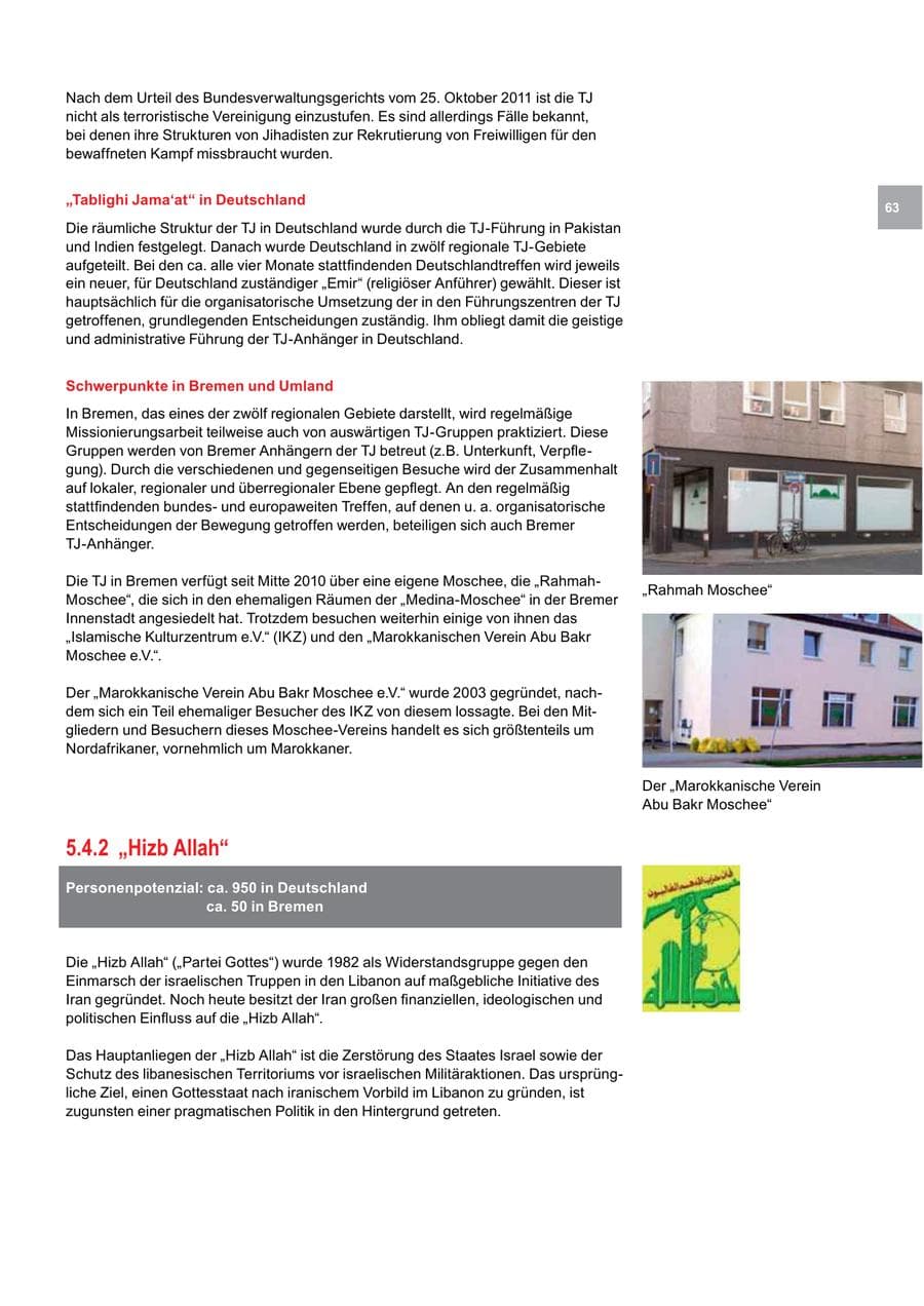 Seite 63 des Verfassungsschutzbericht 2011 Bremen