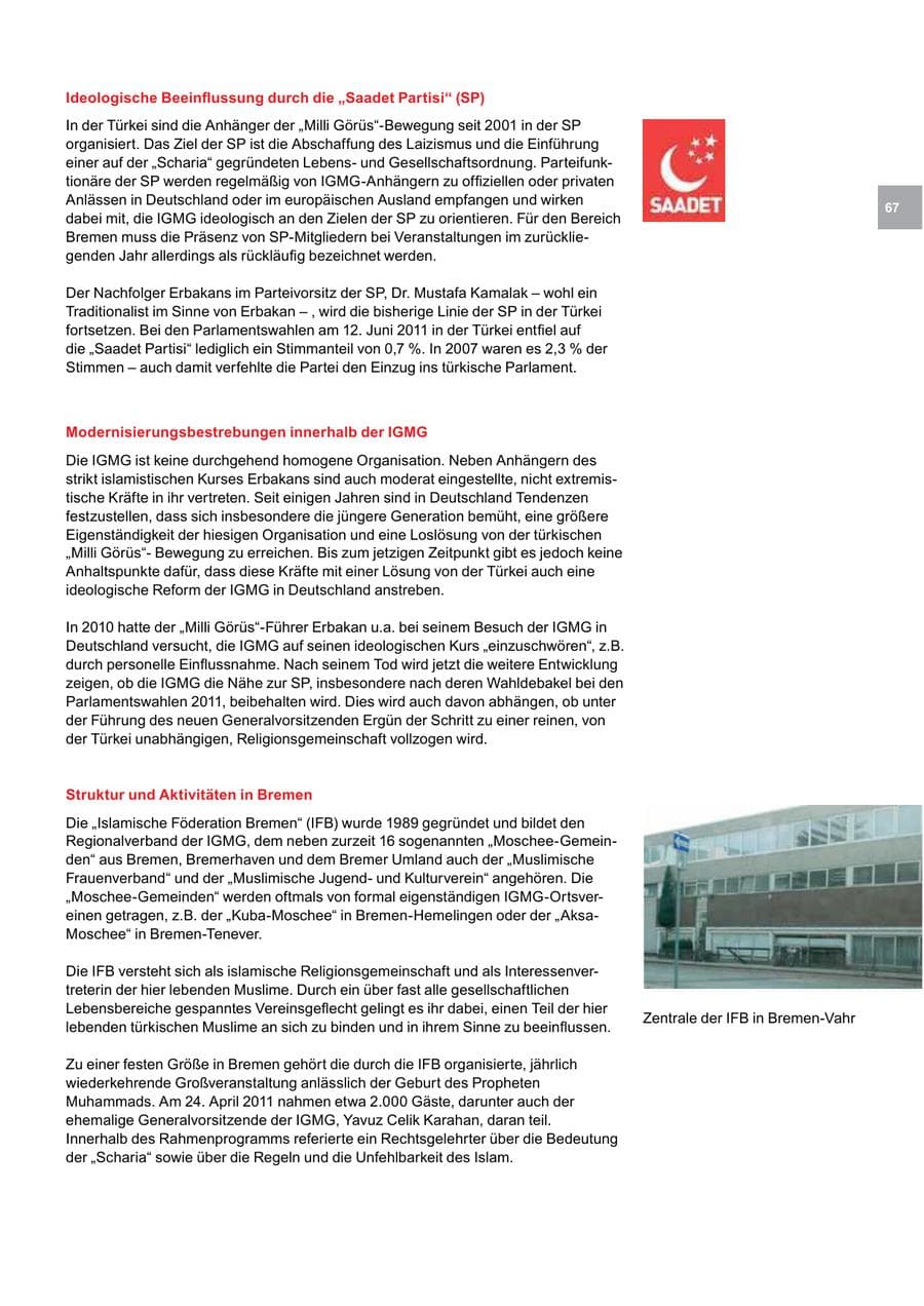 Seite 67 des Verfassungsschutzbericht 2011 Bremen