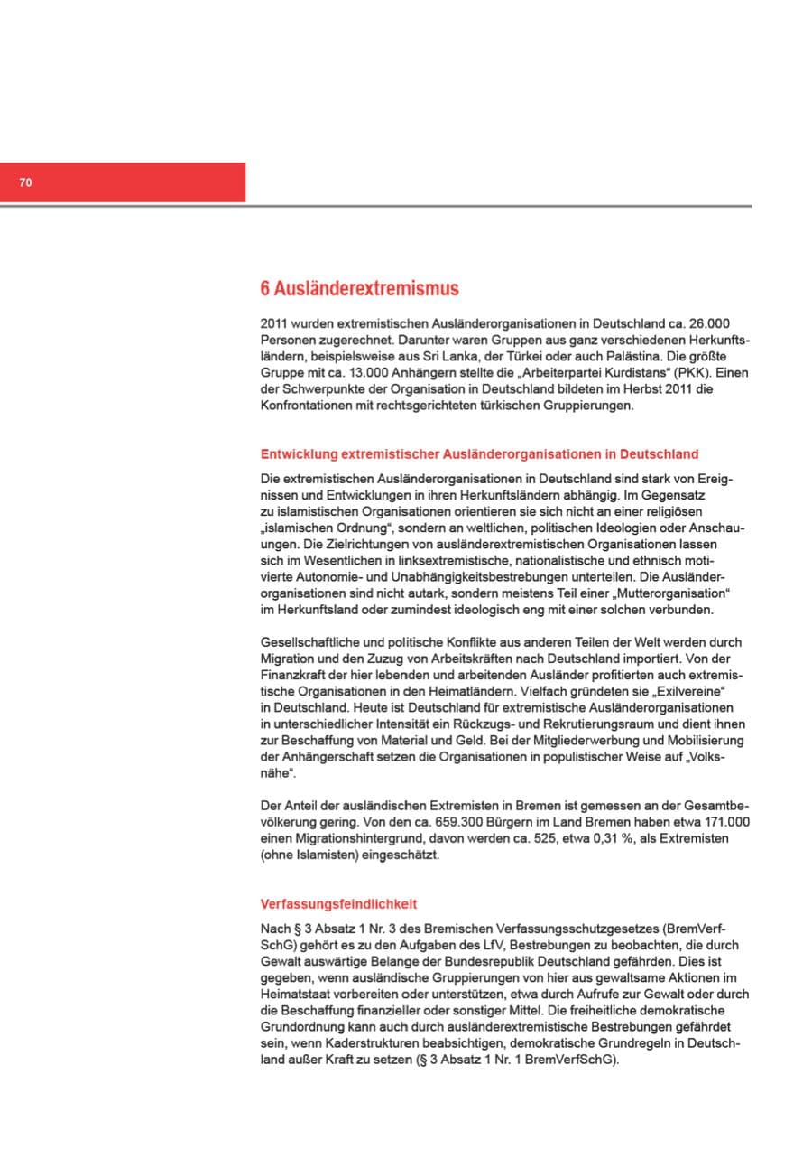Seite 70 des Verfassungsschutzbericht 2011 Bremen