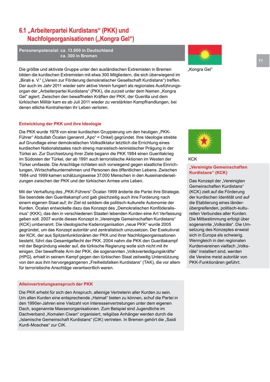 Seite 71 des Verfassungsschutzbericht 2011 Bremen