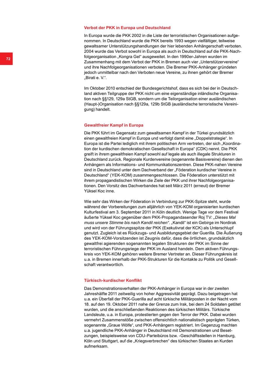 Seite 72 des Verfassungsschutzbericht 2011 Bremen