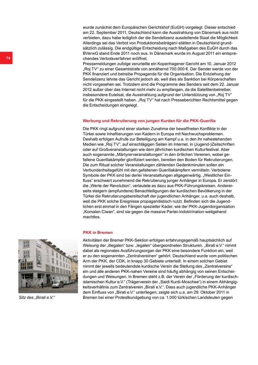 Seite 74 des Verfassungsschutzbericht 2011 Bremen