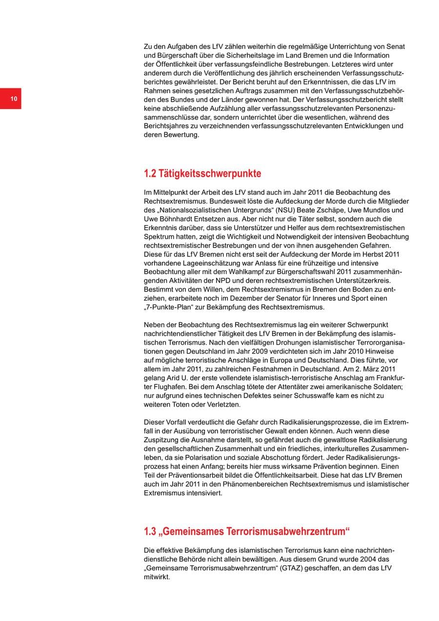 Seite 10 des Verfassungsschutzbericht 2011 Bremen