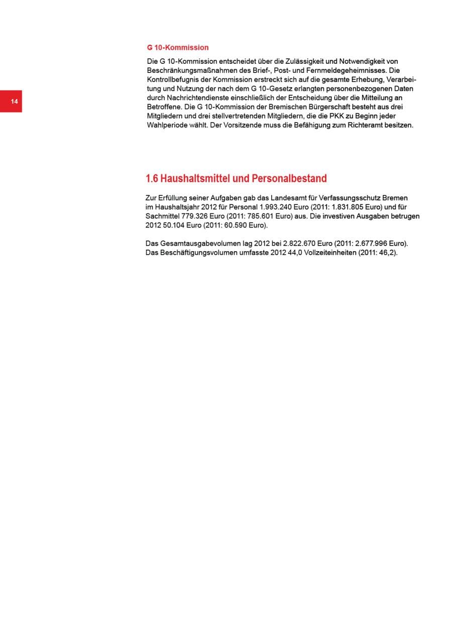 Seite 14 des Verfassungsschutzbericht 2012 Bremen