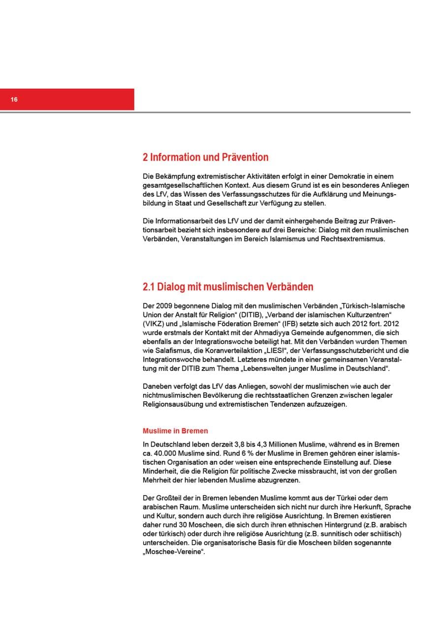 Seite 16 des Verfassungsschutzbericht 2012 Bremen