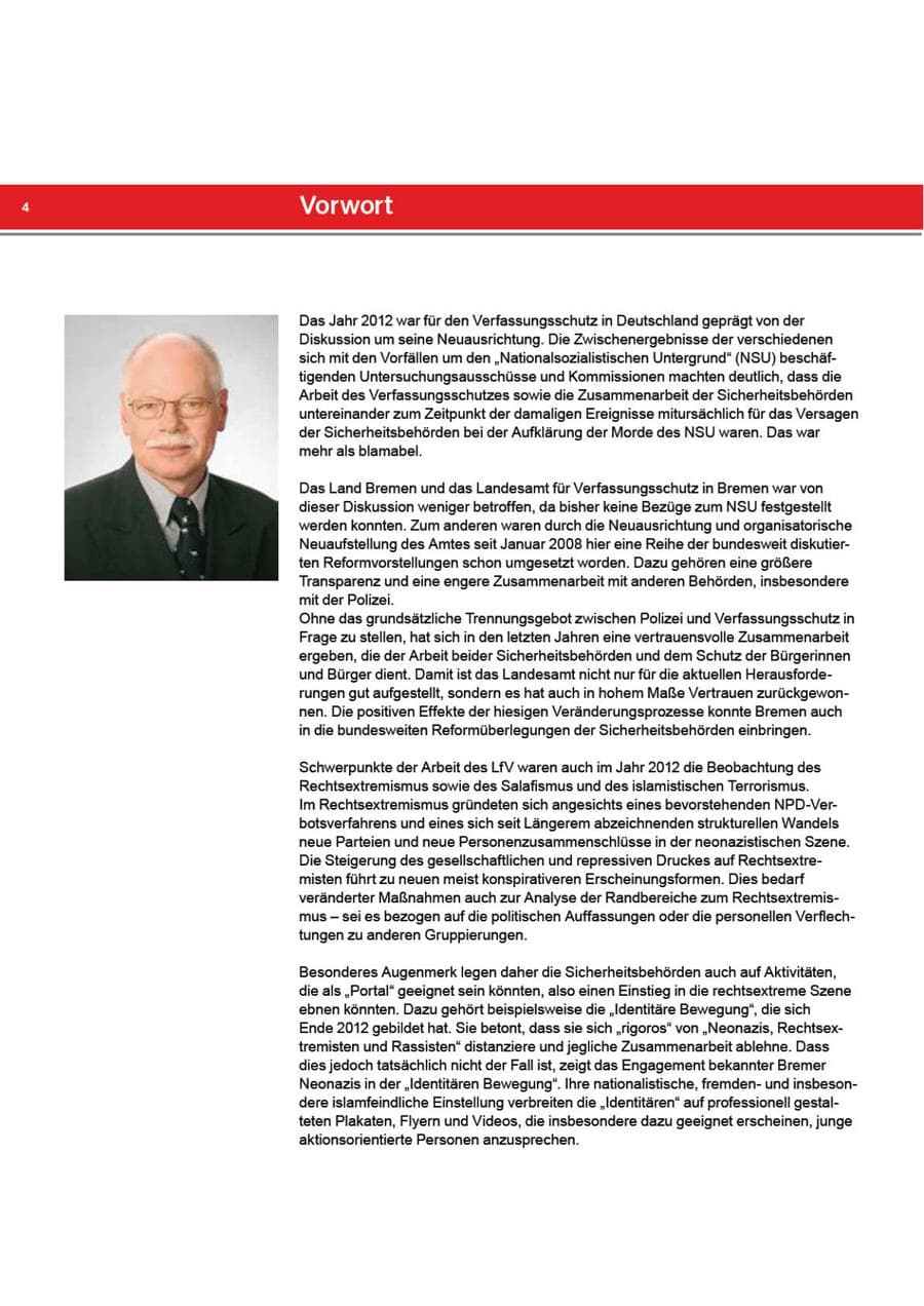 Seite 4 des Verfassungsschutzbericht 2012 Bremen