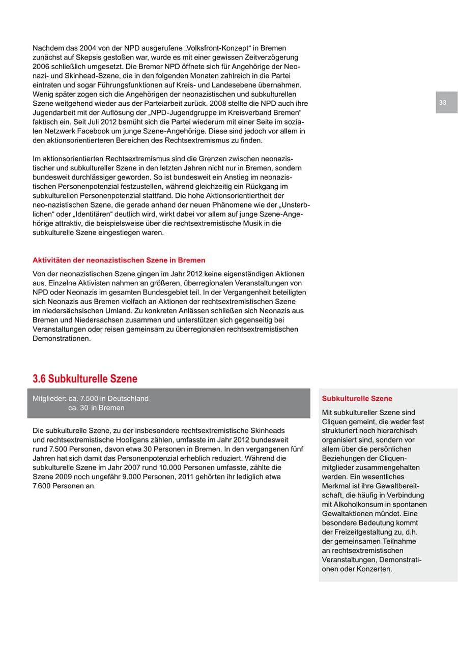 Seite 33 des Verfassungsschutzbericht 2012 Bremen