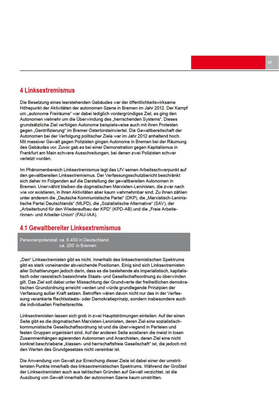 Seite 37 des Verfassungsschutzbericht 2012 Bremen