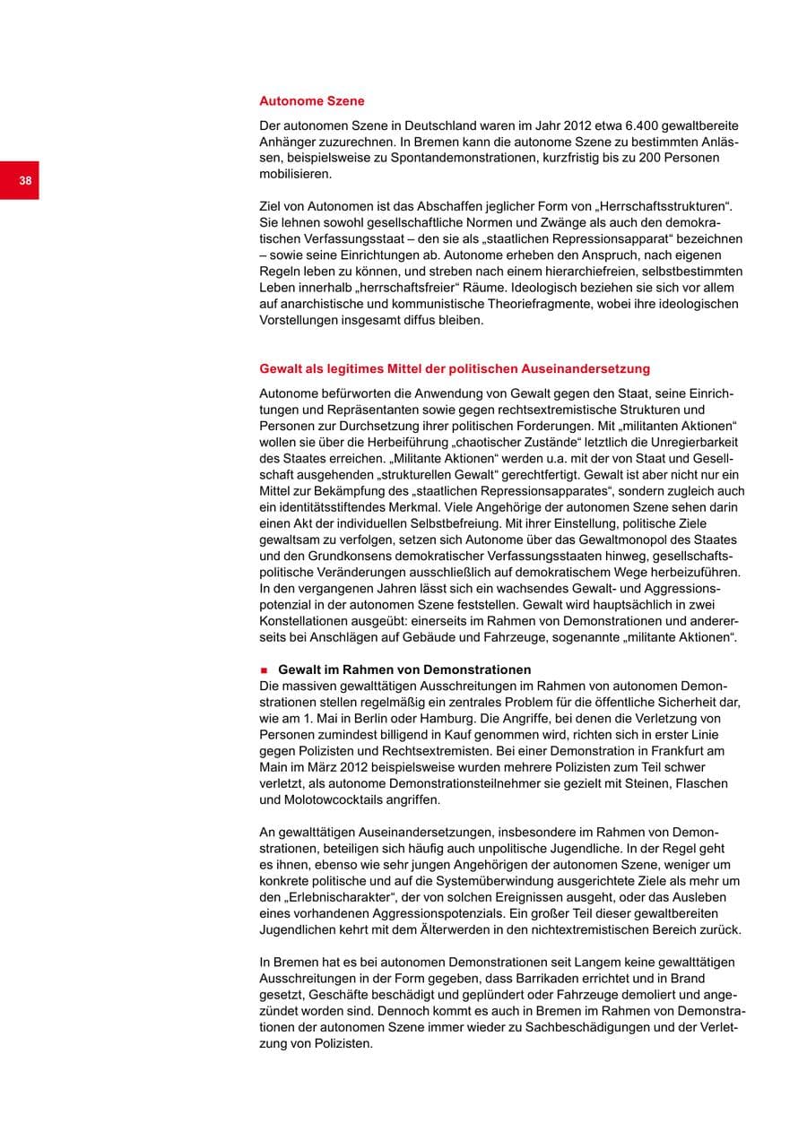 Seite 38 des Verfassungsschutzbericht 2012 Bremen