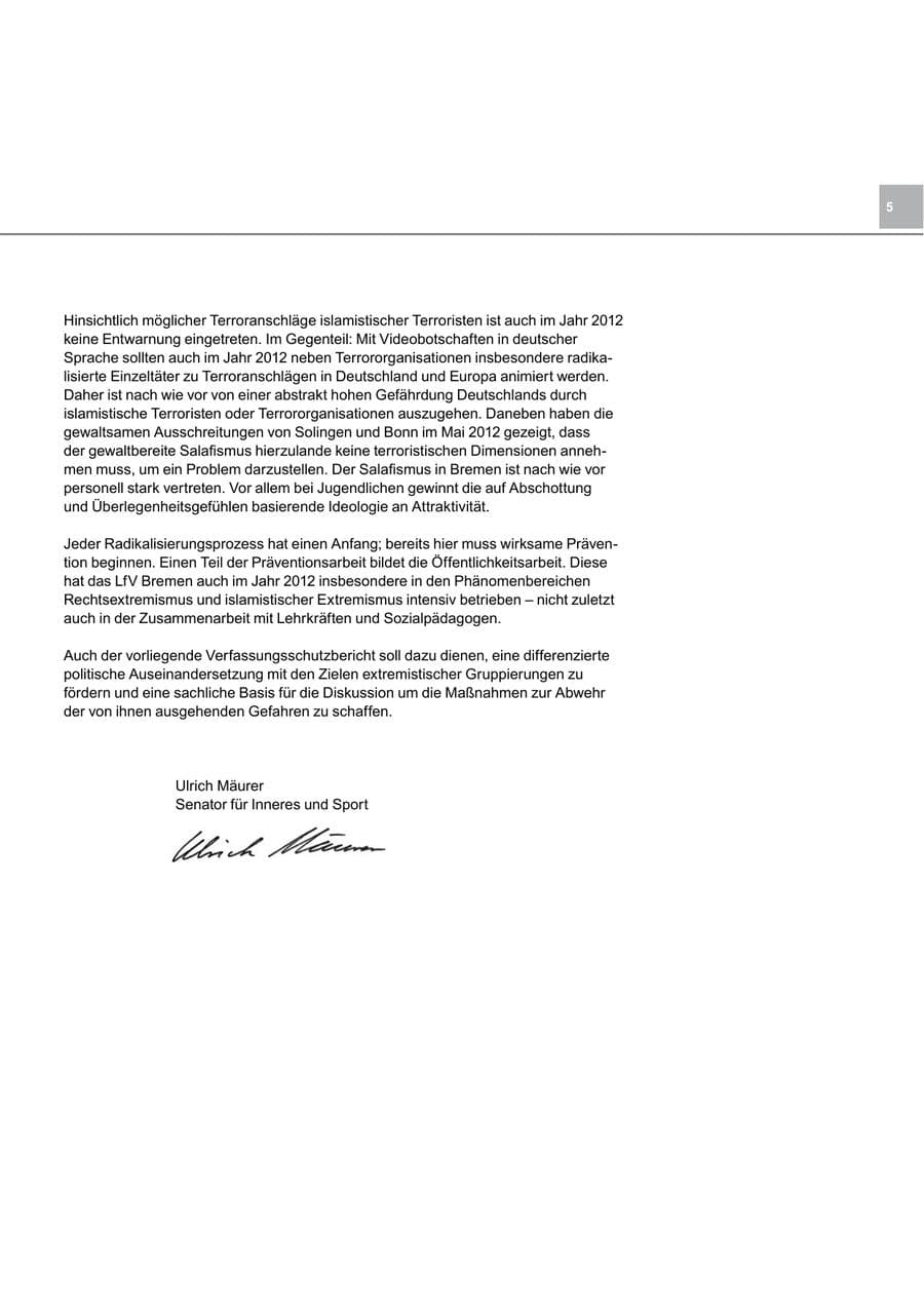 Seite 5 des Verfassungsschutzbericht 2012 Bremen