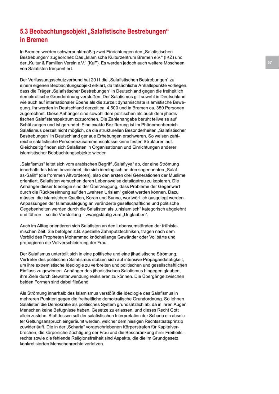 Seite 57 des Verfassungsschutzbericht 2012 Bremen