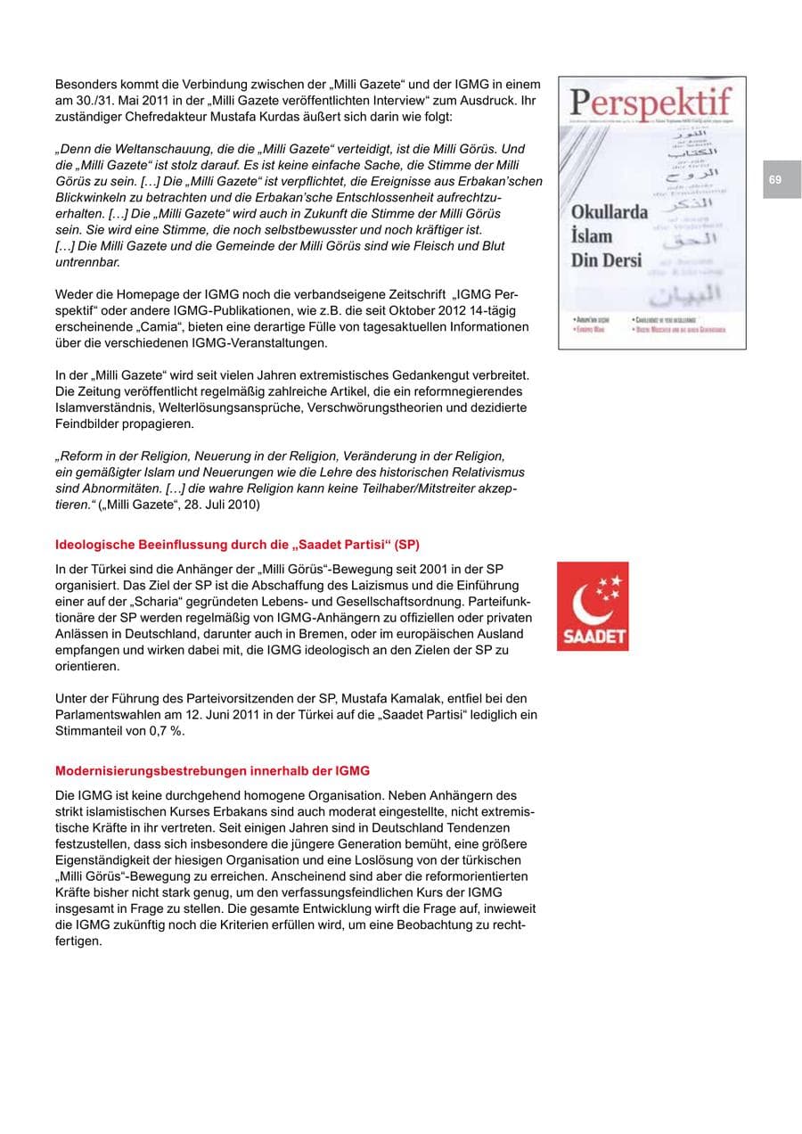 Seite 69 des Verfassungsschutzbericht 2012 Bremen