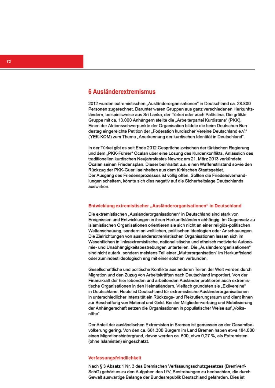 Seite 72 des Verfassungsschutzbericht 2012 Bremen
