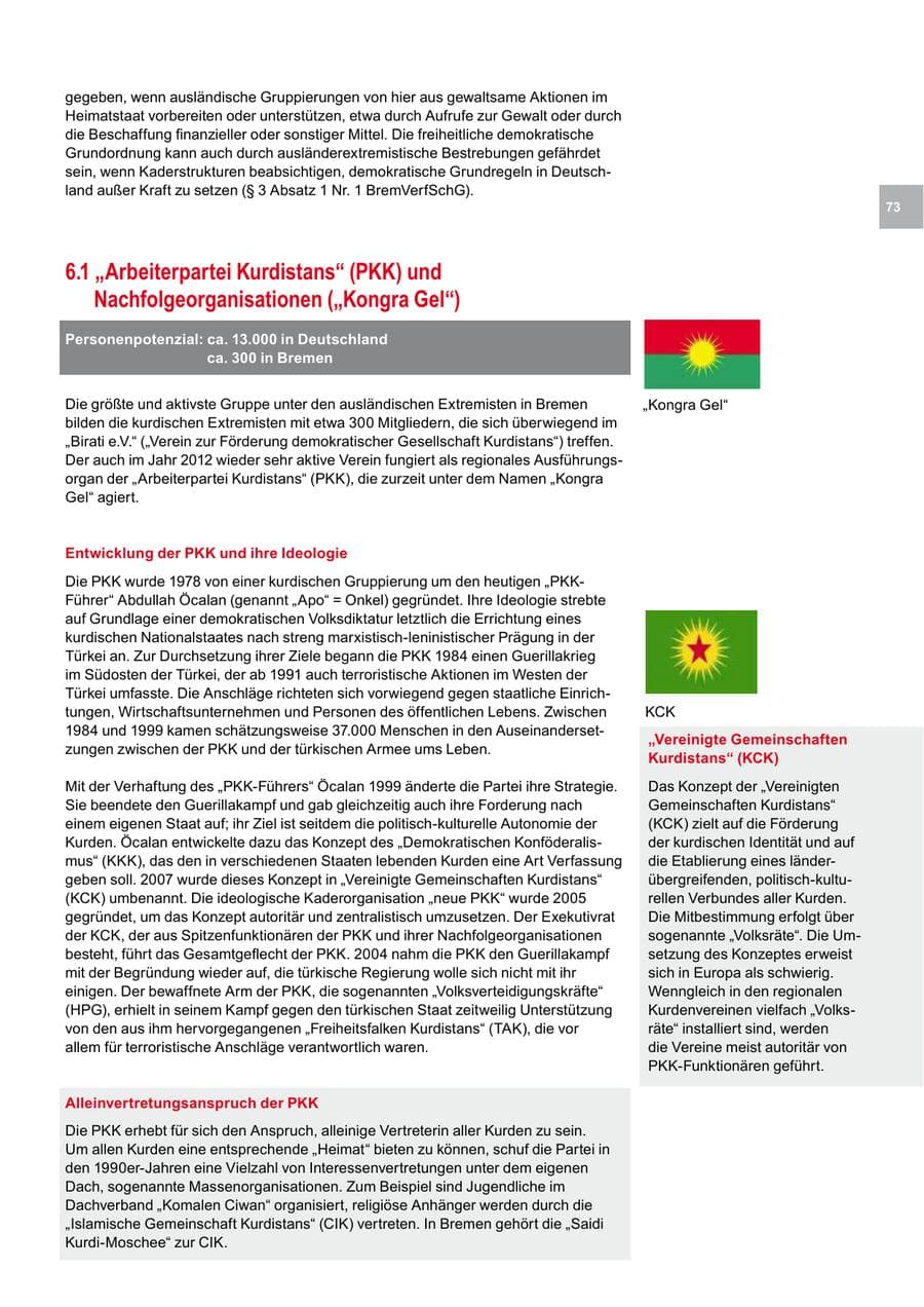 Seite 73 des Verfassungsschutzbericht 2012 Bremen