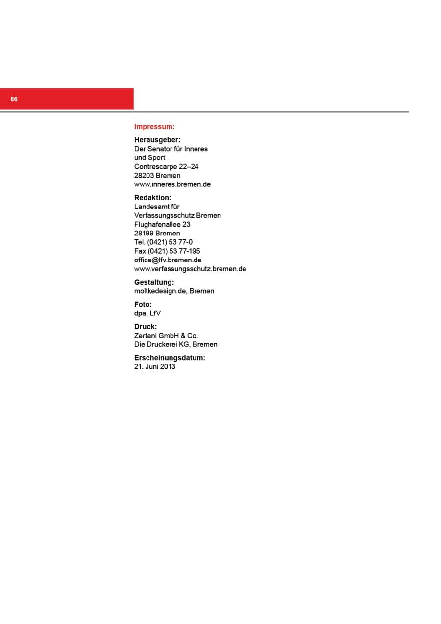 Seite 86 des Verfassungsschutzbericht 2012 Bremen