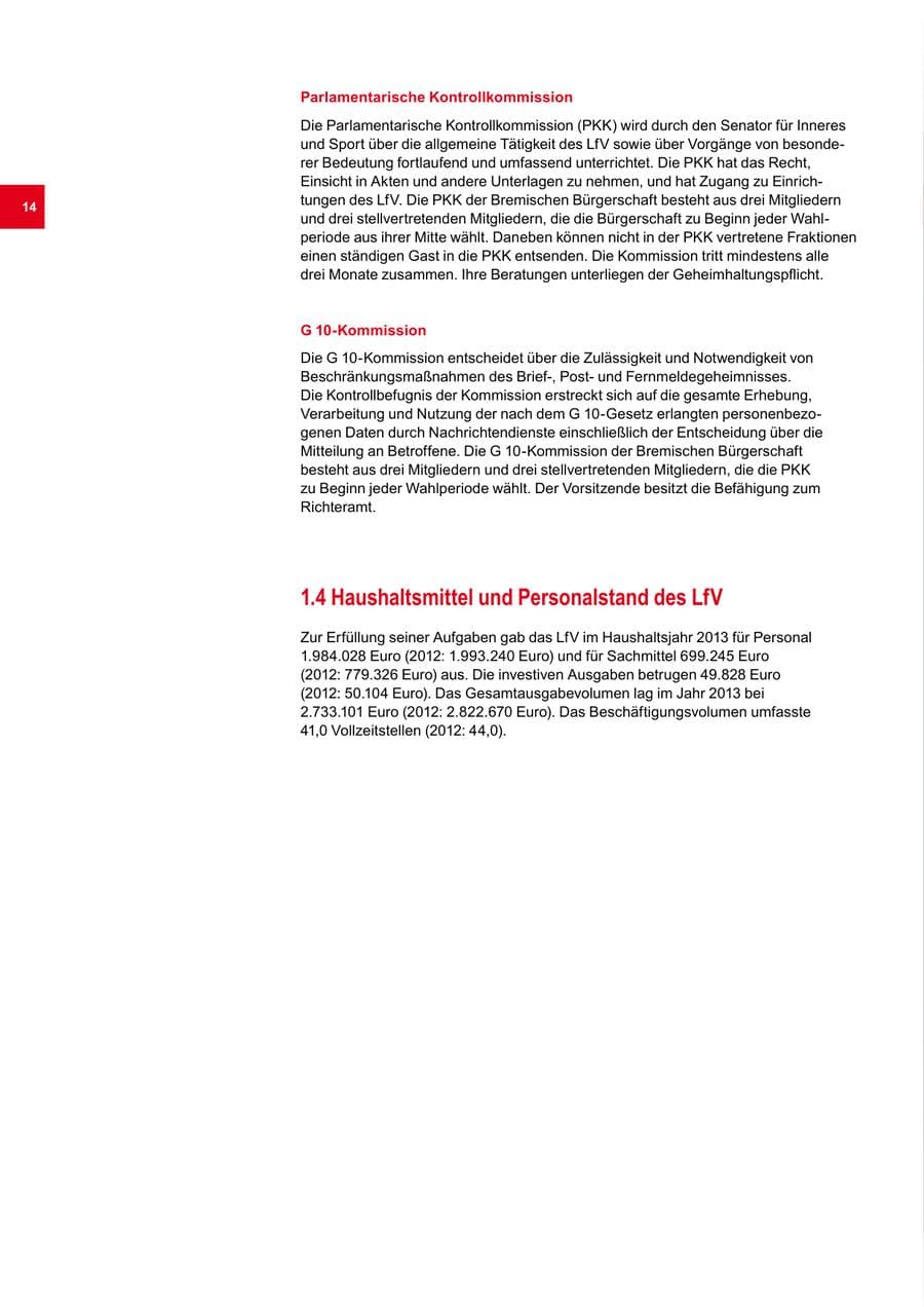 Seite 14 des Verfassungsschutzbericht 2013 Bremen