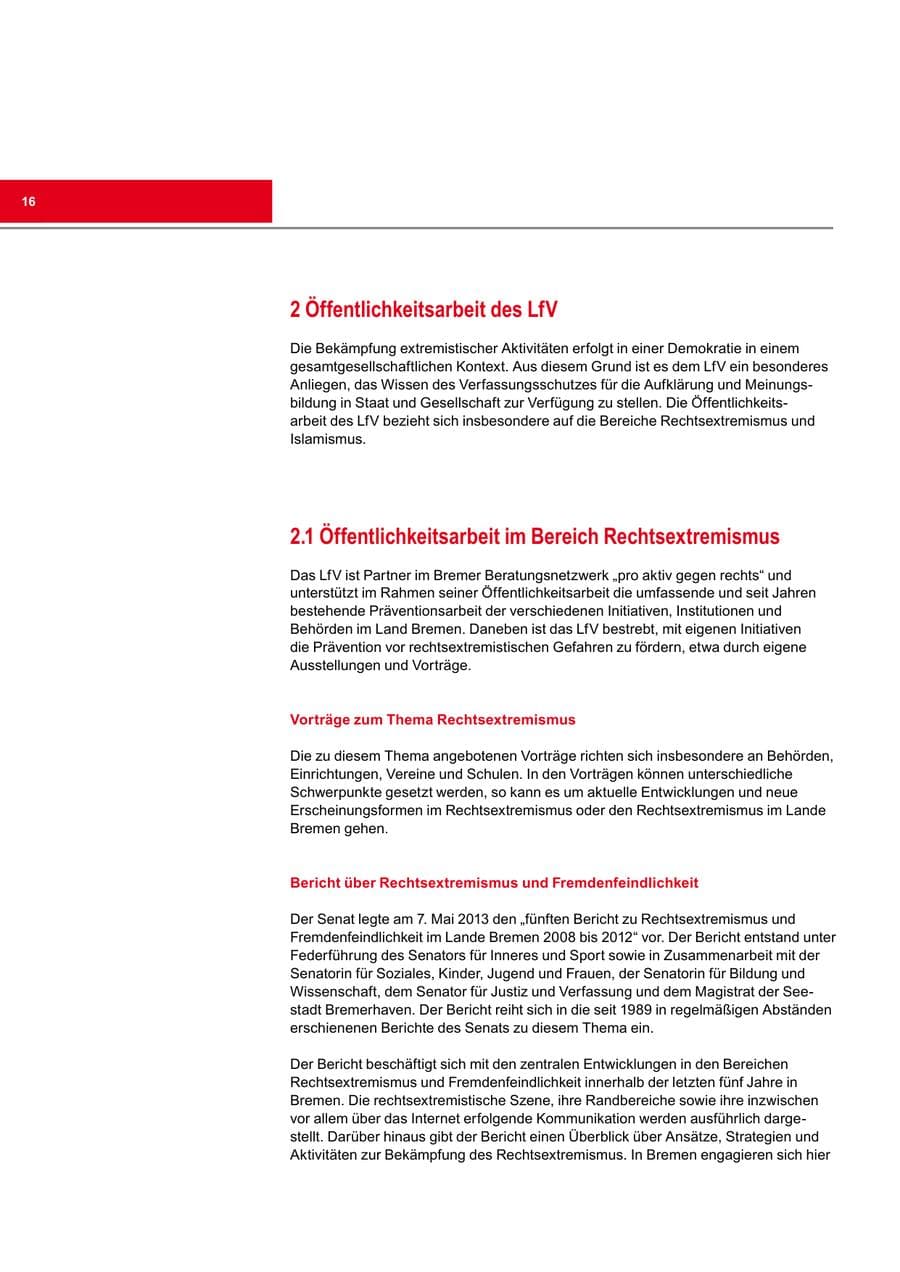 Seite 16 des Verfassungsschutzbericht 2013 Bremen