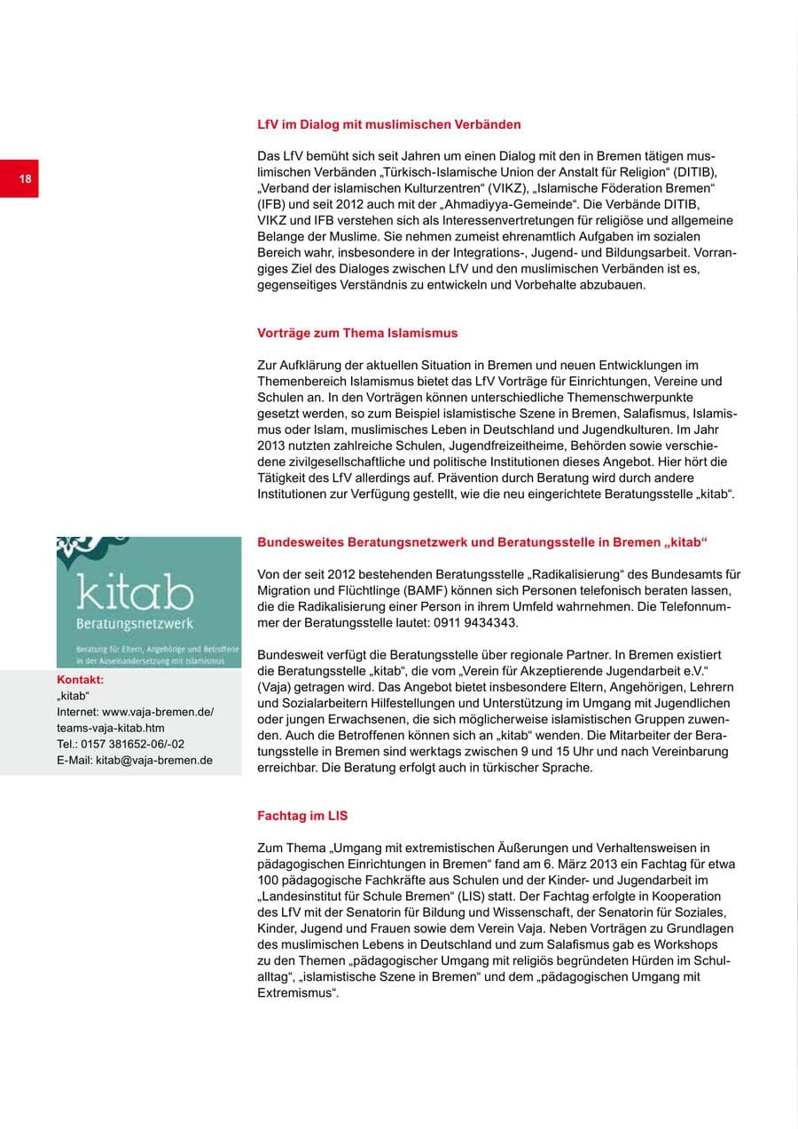 Seite 18 des Verfassungsschutzbericht 2013 Bremen