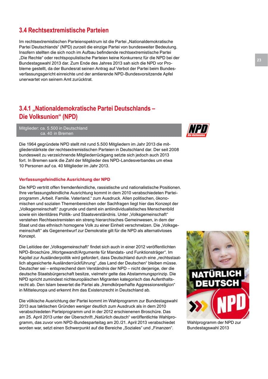 Seite 23 des Verfassungsschutzbericht 2013 Bremen