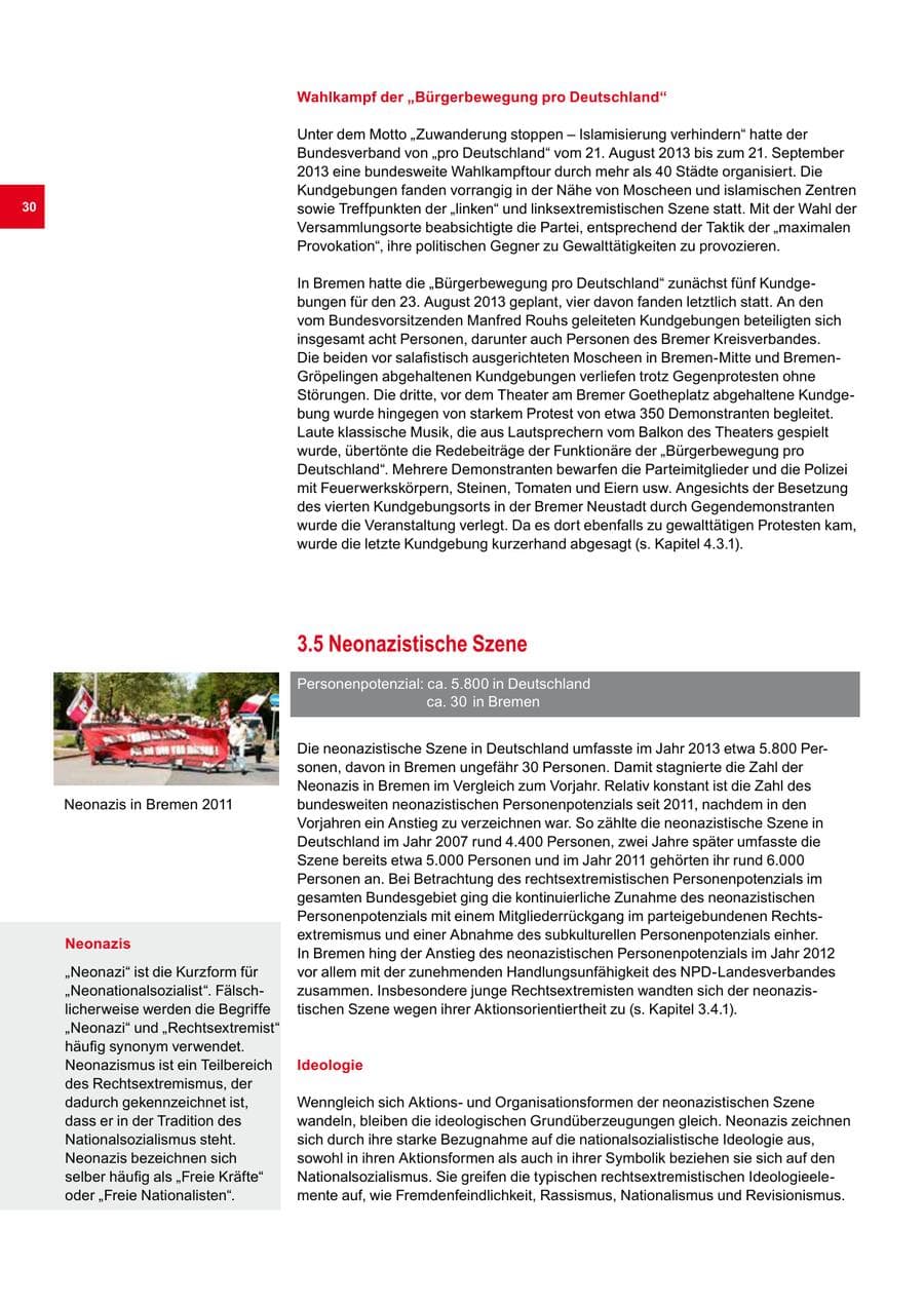 Seite 30 des Verfassungsschutzbericht 2013 Bremen