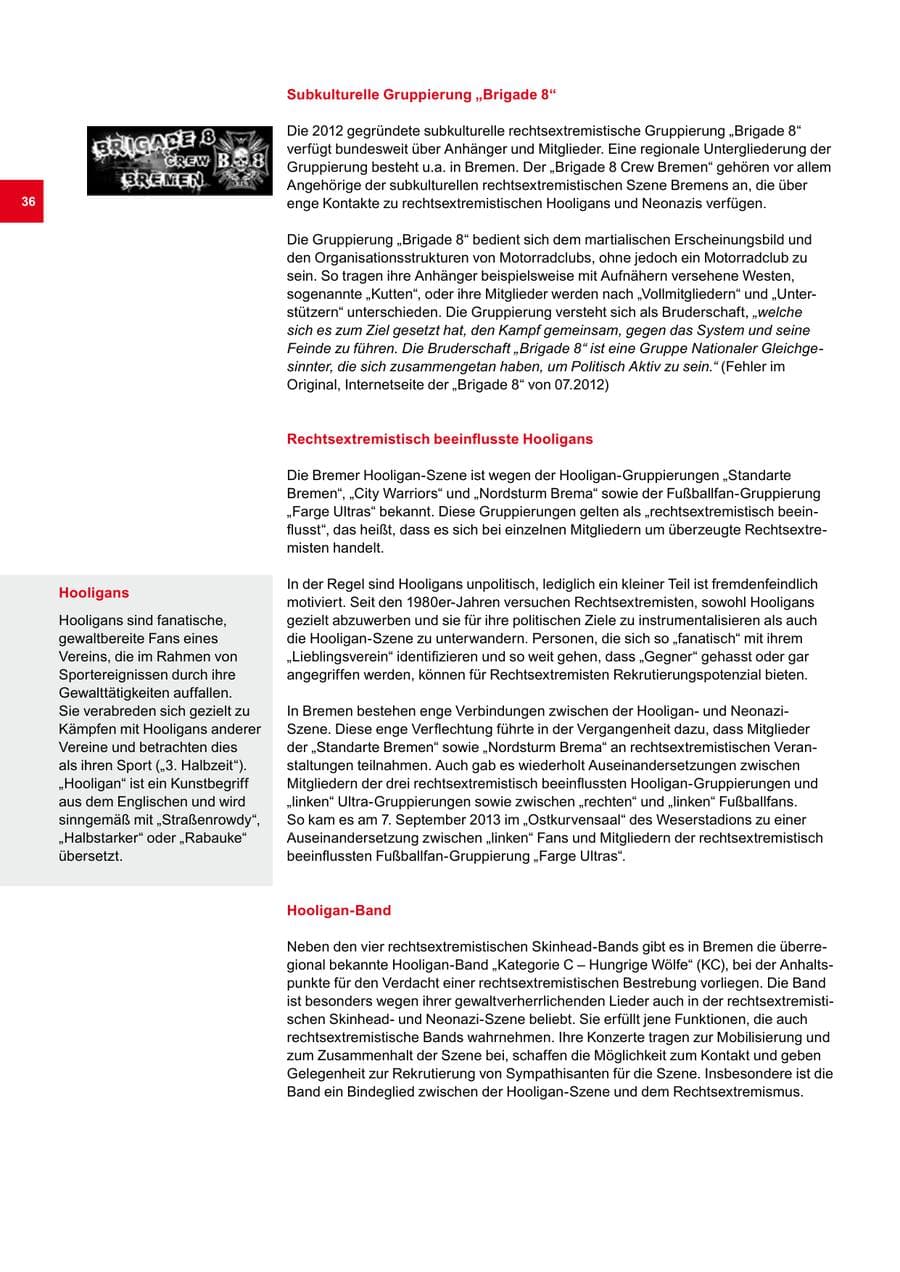 Seite 36 des Verfassungsschutzbericht 2013 Bremen