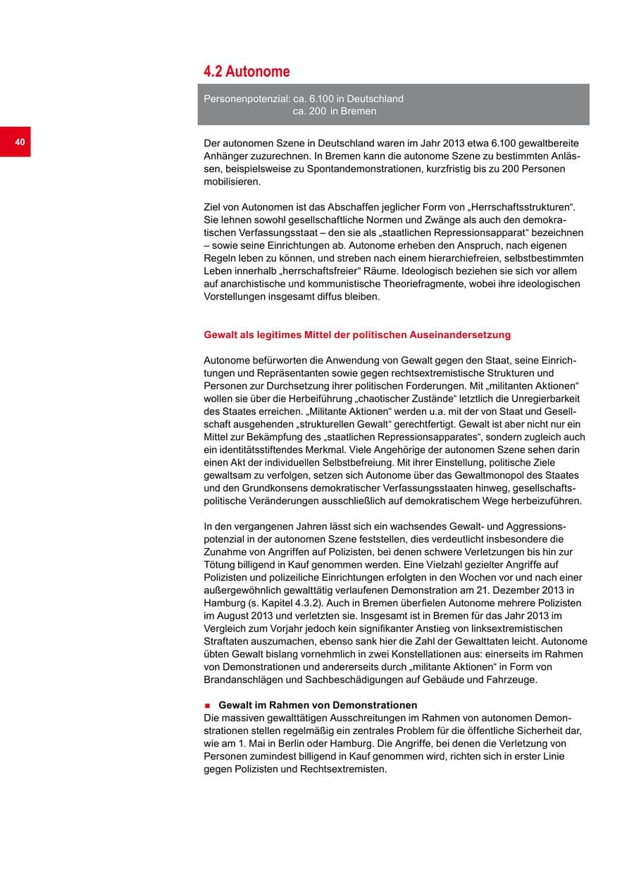 Seite 40 des Verfassungsschutzbericht 2013 Bremen