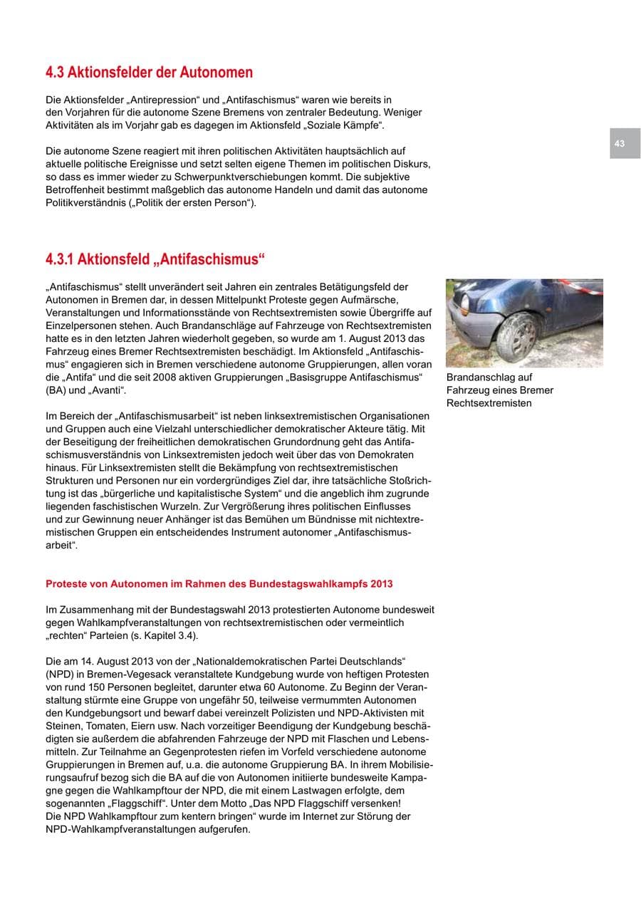Seite 43 des Verfassungsschutzbericht 2013 Bremen