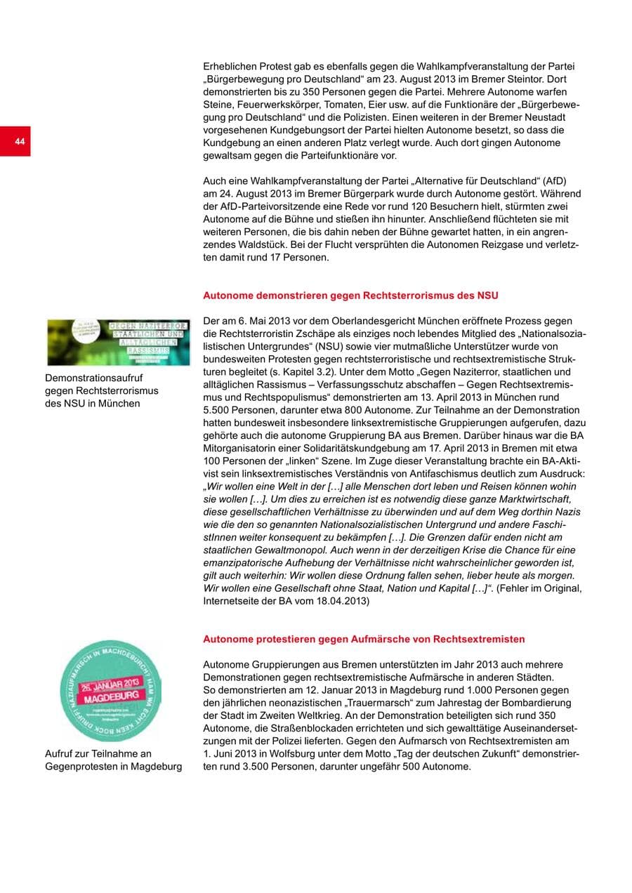 Seite 44 des Verfassungsschutzbericht 2013 Bremen