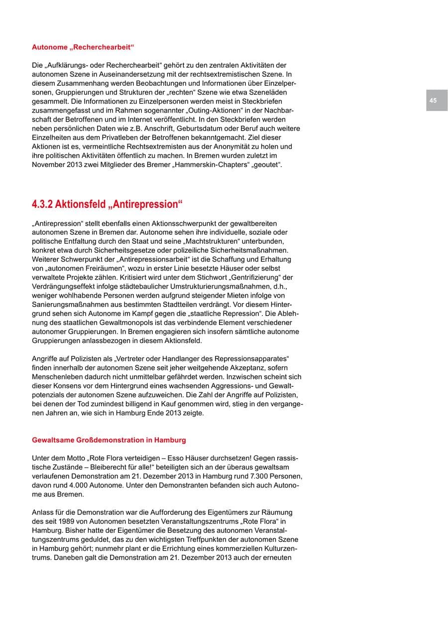 Seite 45 des Verfassungsschutzbericht 2013 Bremen