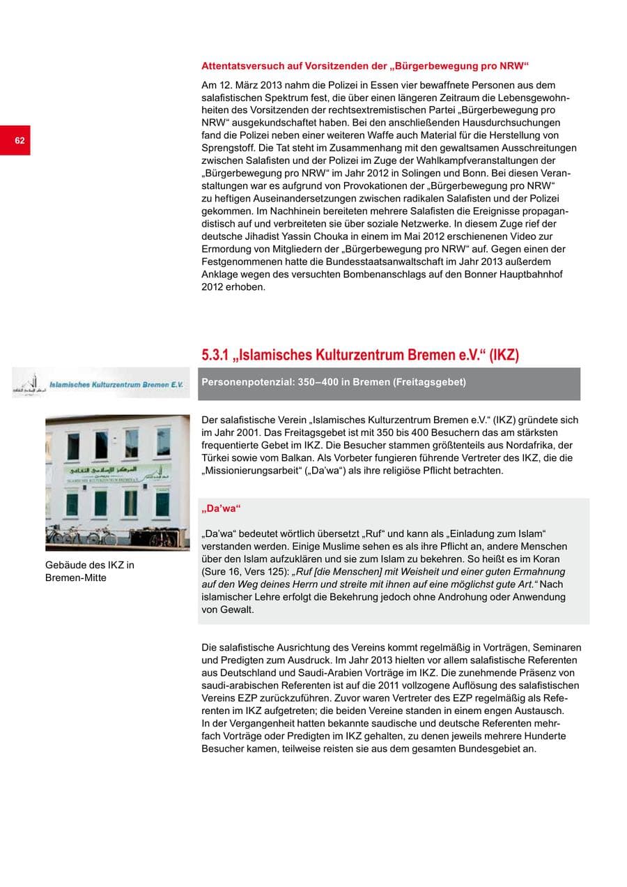 Seite 62 des Verfassungsschutzbericht 2013 Bremen
