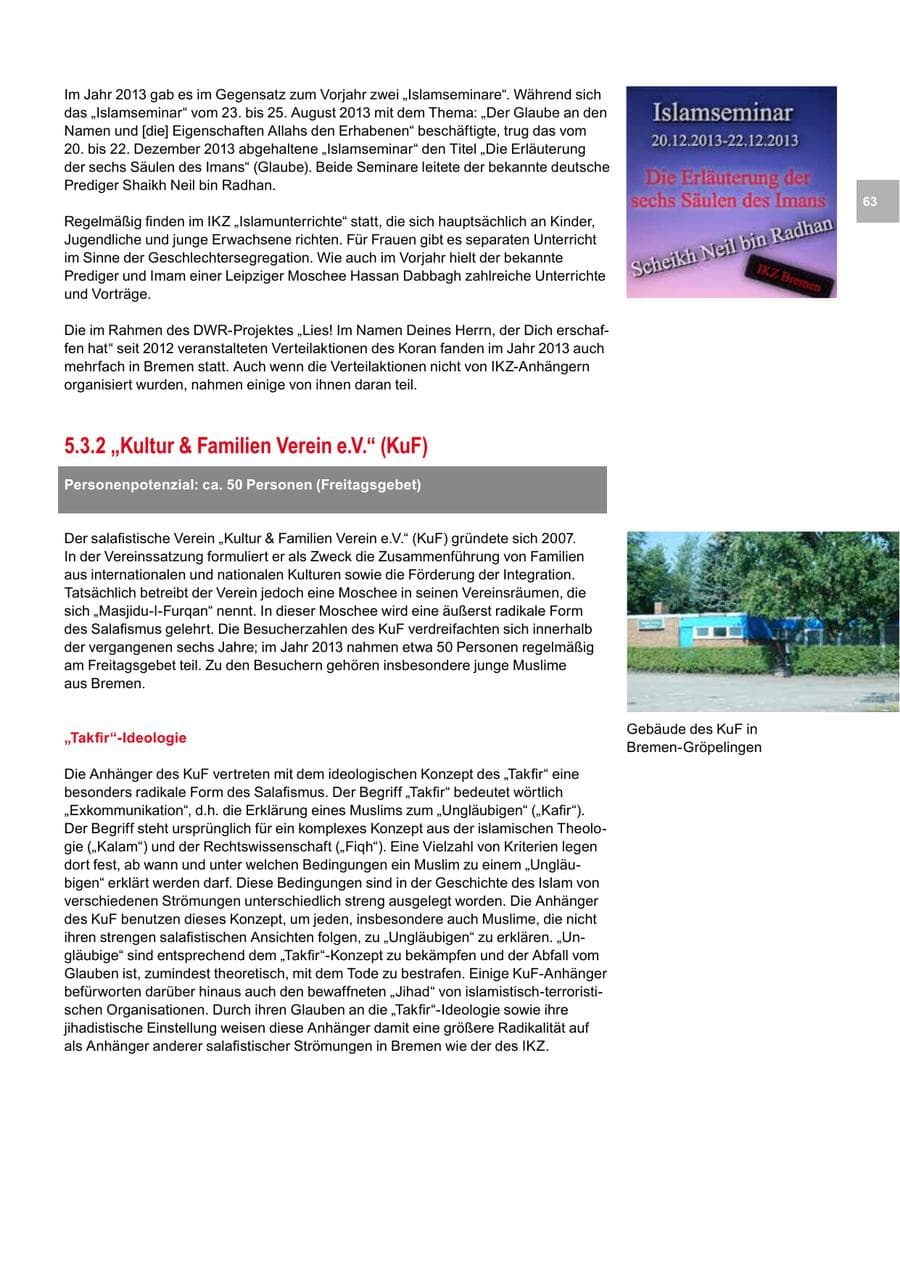 Seite 63 des Verfassungsschutzbericht 2013 Bremen