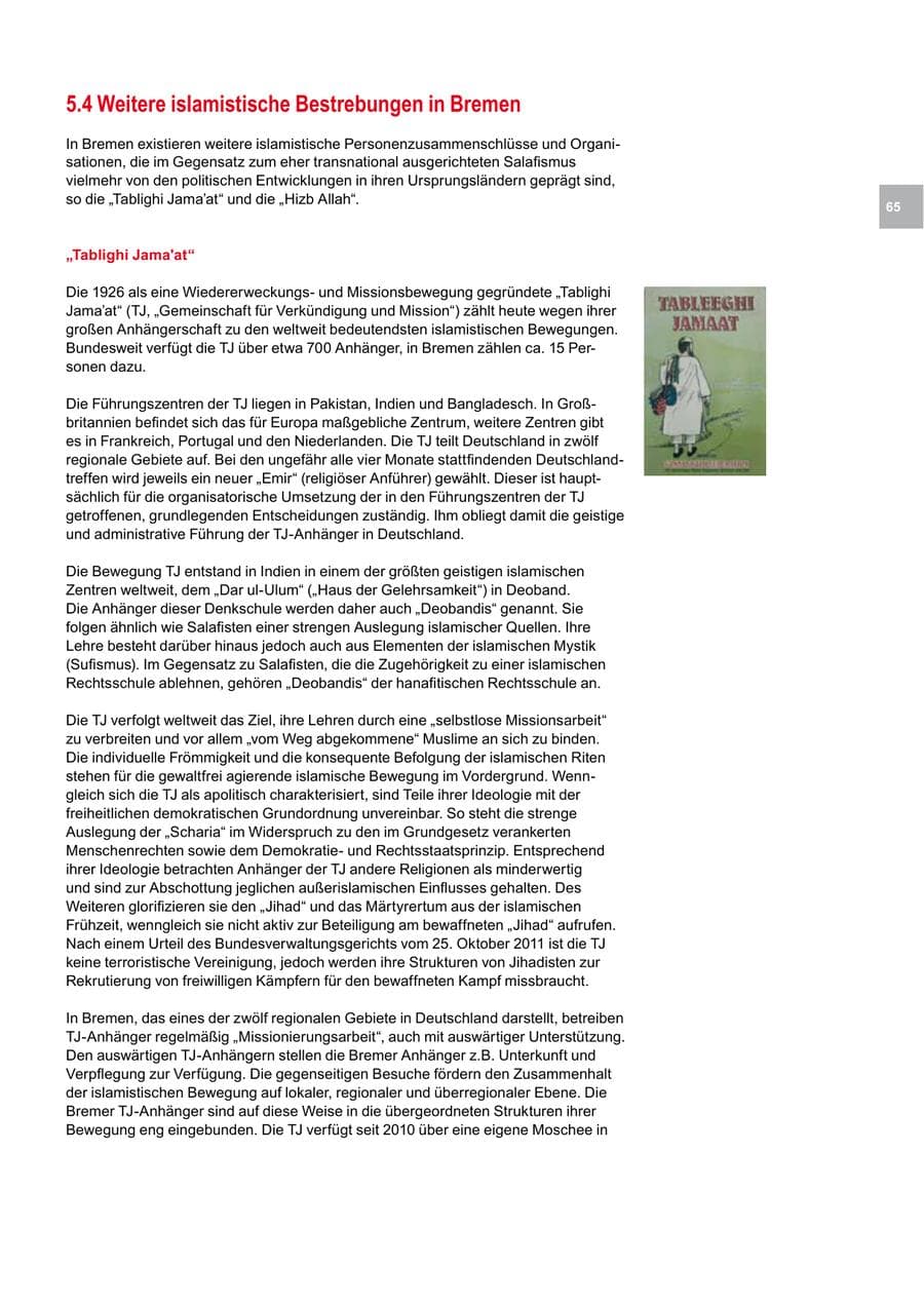 Seite 65 des Verfassungsschutzbericht 2013 Bremen