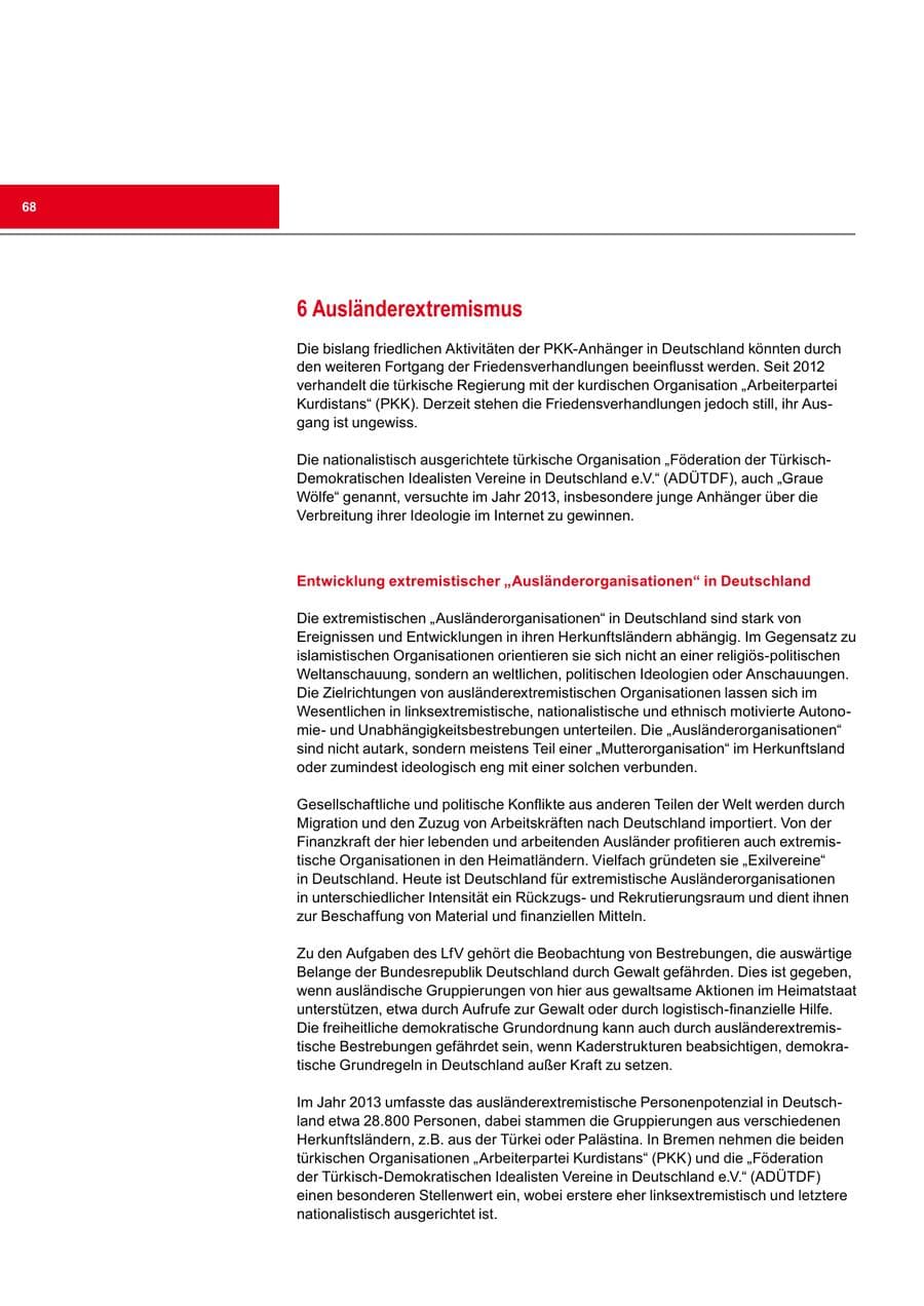 Seite 68 des Verfassungsschutzbericht 2013 Bremen