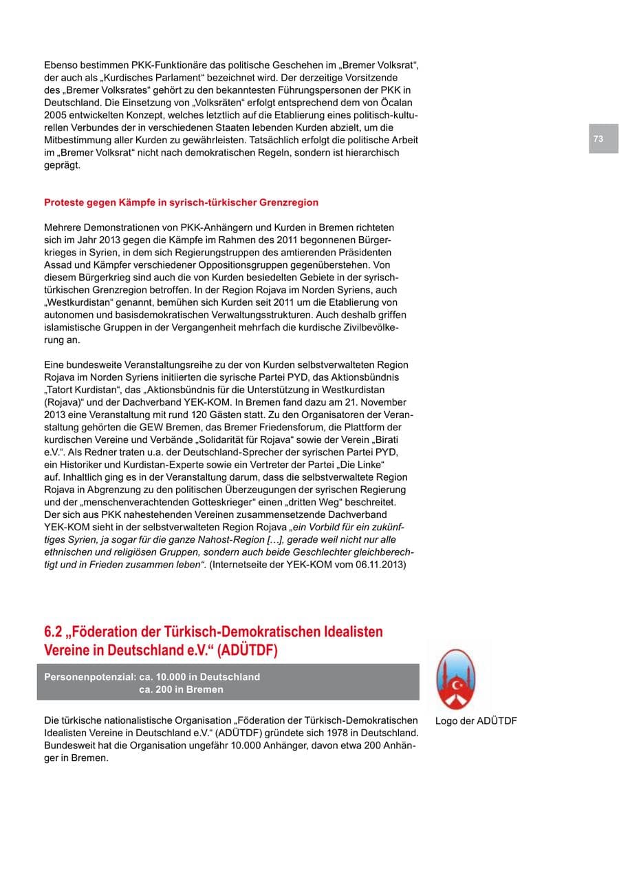 Seite 73 des Verfassungsschutzbericht 2013 Bremen