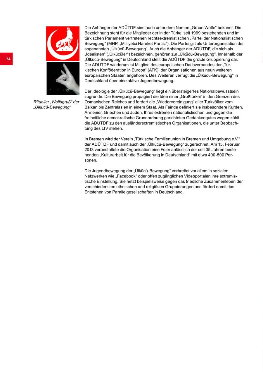 Seite 74 des Verfassungsschutzbericht 2013 Bremen