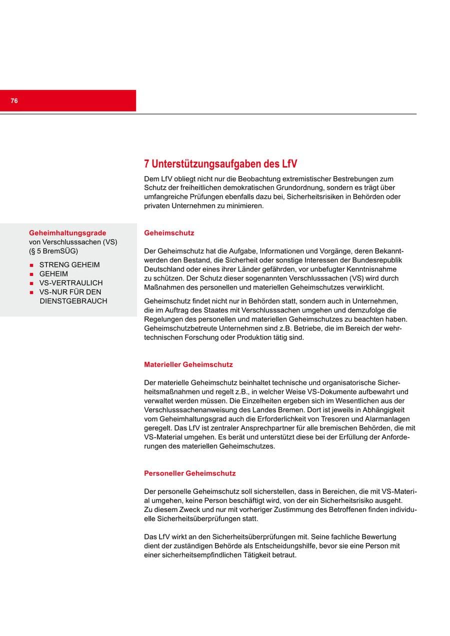 Seite 76 des Verfassungsschutzbericht 2013 Bremen