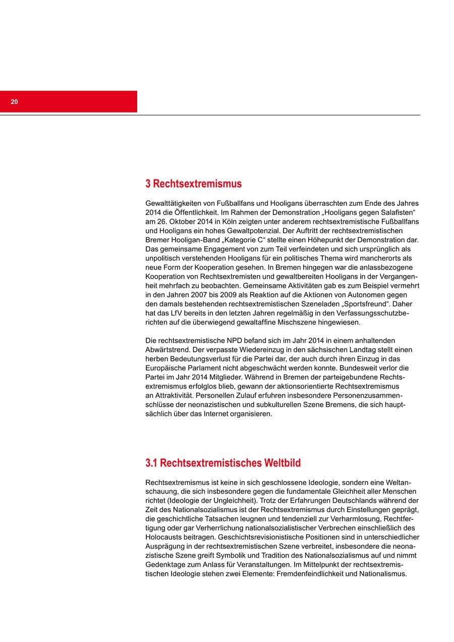 Seite 20 des Verfassungsschutzbericht 2014 Bremen